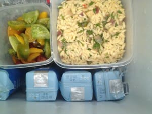orzo salad, coconut water and cold tomatoes from our friend's garden