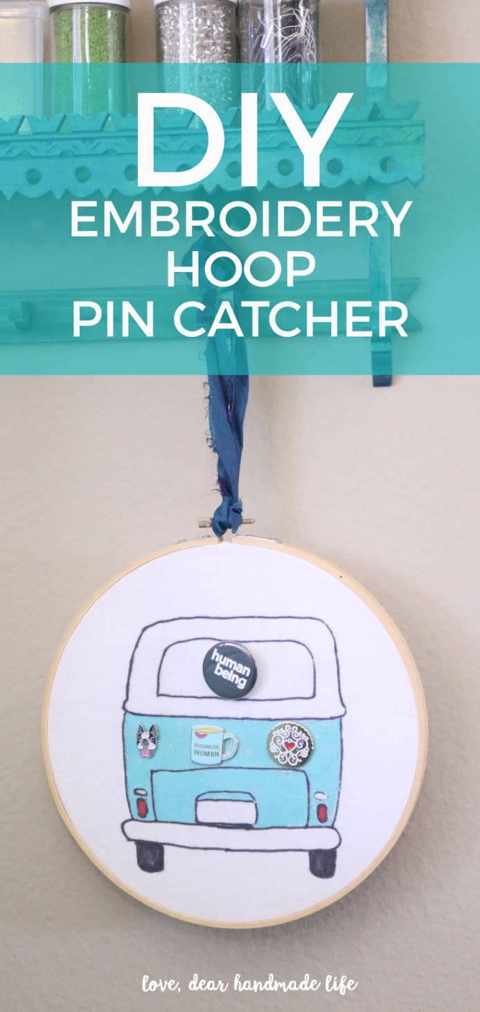 DIY embroidery hoop enamel pin catcher from Dear Handmade Life